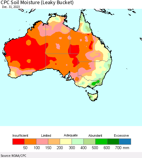 Australia CPC Soil Moisture (Leaky Bucket) Thematic Map For 12/26/2023 - 12/31/2023