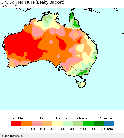 Australia CPC Soil Moisture (Leaky Bucket) Thematic Map For 1/11/2024 - 1/15/2024
