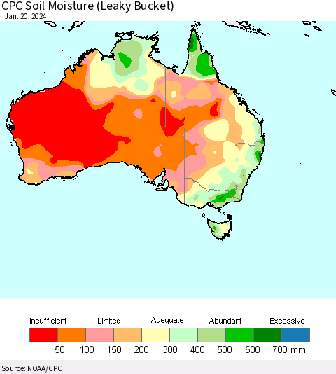 Australia CPC Soil Moisture (Leaky Bucket) Thematic Map For 1/16/2024 - 1/20/2024