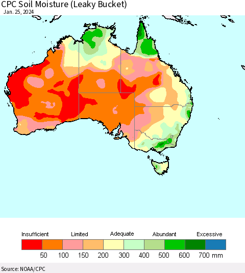 Australia CPC Soil Moisture (Leaky Bucket) Thematic Map For 1/21/2024 - 1/25/2024