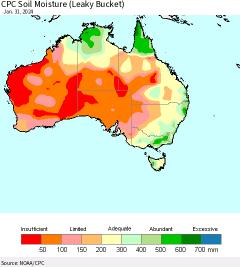Australia CPC Soil Moisture (Leaky Bucket) Thematic Map For 1/26/2024 - 1/31/2024