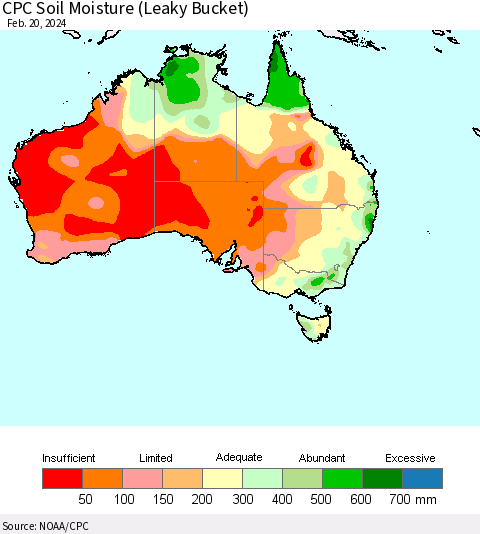 Australia CPC Soil Moisture (Leaky Bucket) Thematic Map For 2/16/2024 - 2/20/2024