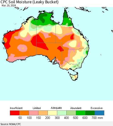 Australia CPC Soil Moisture (Leaky Bucket) Thematic Map For 3/16/2024 - 3/20/2024