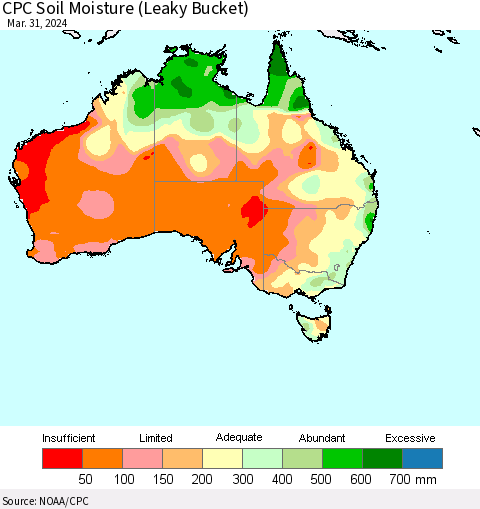 Australia CPC Soil Moisture (Leaky Bucket) Thematic Map For 3/26/2024 - 3/31/2024