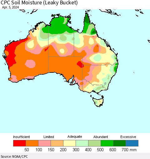 Australia CPC Soil Moisture (Leaky Bucket) Thematic Map For 4/1/2024 - 4/5/2024