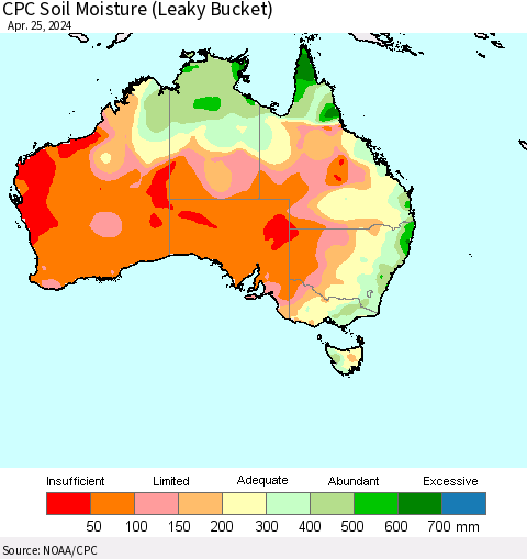 Australia CPC Soil Moisture (Leaky Bucket) Thematic Map For 4/21/2024 - 4/25/2024