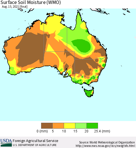 Australia Surface Soil Moisture (WMO) Thematic Map For 8/9/2021 - 8/15/2021