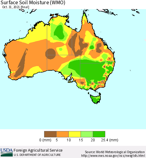 Australia Surface Soil Moisture (WMO) Thematic Map For 10/25/2021 - 10/31/2021