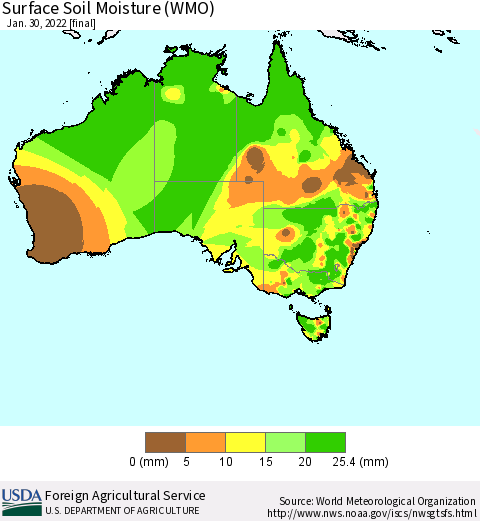 Australia Surface Soil Moisture (WMO) Thematic Map For 1/24/2022 - 1/30/2022