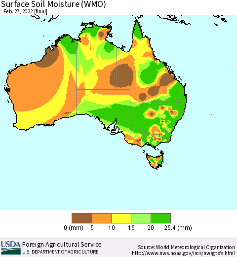 Australia Surface Soil Moisture (WMO) Thematic Map For 2/21/2022 - 2/27/2022
