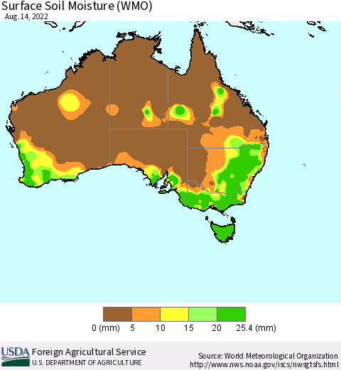 Australia Surface Soil Moisture (WMO) Thematic Map For 8/8/2022 - 8/14/2022
