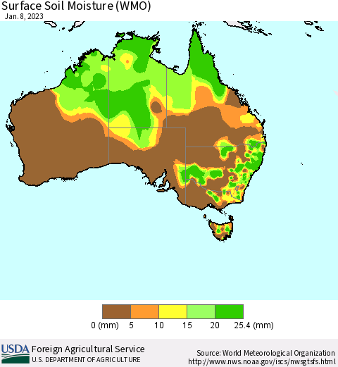 Australia Surface Soil Moisture (WMO) Thematic Map For 1/2/2023 - 1/8/2023