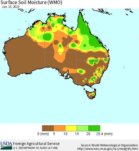 Australia Surface Soil Moisture (WMO) Thematic Map For 1/9/2023 - 1/15/2023