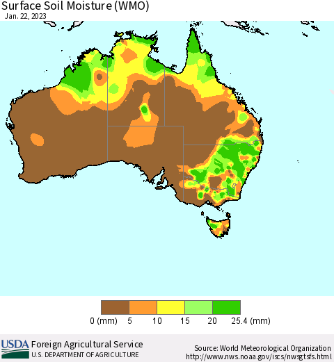 Australia Surface Soil Moisture (WMO) Thematic Map For 1/16/2023 - 1/22/2023