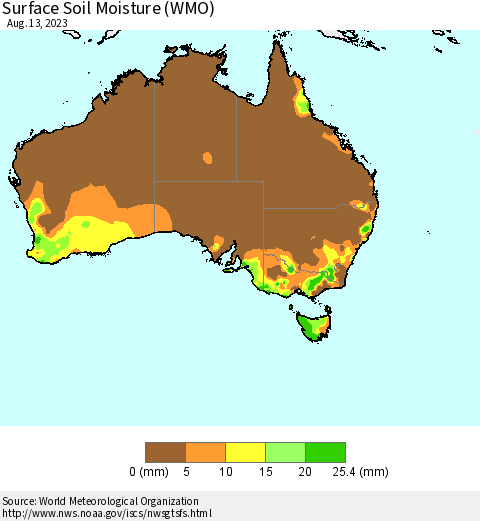 Australia Surface Soil Moisture (WMO) Thematic Map For 8/7/2023 - 8/13/2023