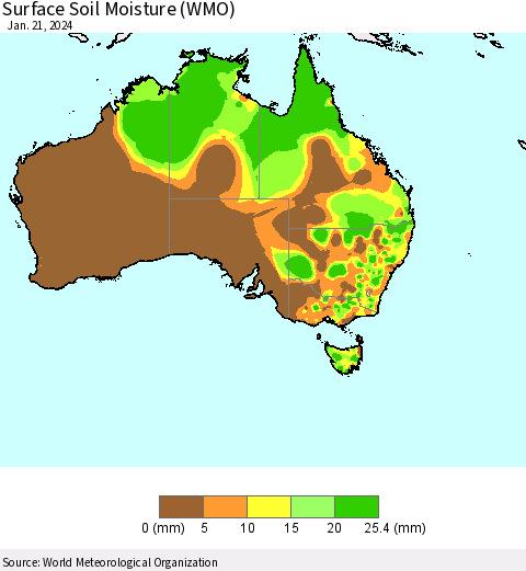 Australia Surface Soil Moisture (WMO) Thematic Map For 1/15/2024 - 1/21/2024