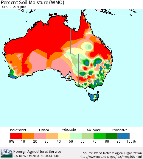 Australia Percent Soil Moisture (WMO) Thematic Map For 10/4/2021 - 10/10/2021