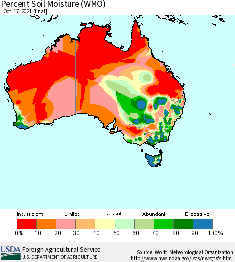 Australia Percent Soil Moisture (WMO) Thematic Map For 10/11/2021 - 10/17/2021
