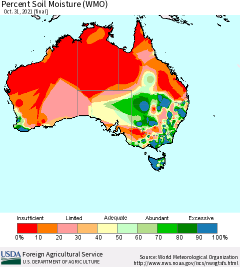 Australia Percent Soil Moisture (WMO) Thematic Map For 10/25/2021 - 10/31/2021