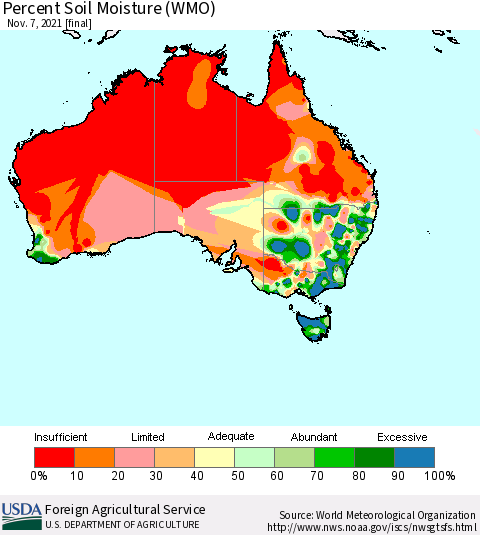 Australia Percent Soil Moisture (WMO) Thematic Map For 11/1/2021 - 11/7/2021