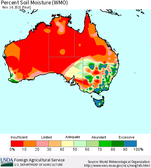 Australia Percent Soil Moisture (WMO) Thematic Map For 11/8/2021 - 11/14/2021