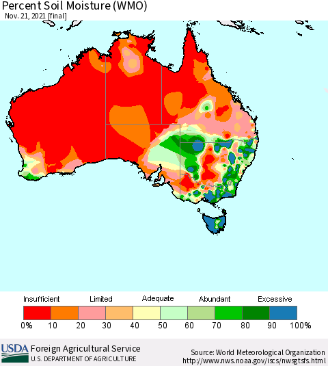 Australia Percent Soil Moisture (WMO) Thematic Map For 11/15/2021 - 11/21/2021
