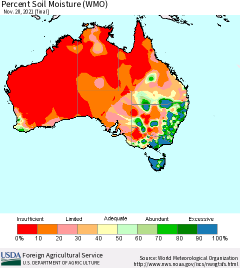 Australia Percent Soil Moisture (WMO) Thematic Map For 11/22/2021 - 11/28/2021