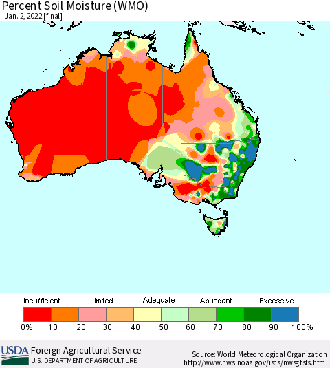 Australia Percent Soil Moisture (WMO) Thematic Map For 12/27/2021 - 1/2/2022