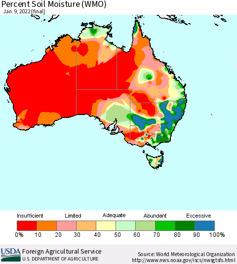 Australia Percent Soil Moisture (WMO) Thematic Map For 1/3/2022 - 1/9/2022