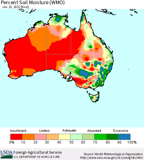 Australia Percent Soil Moisture (WMO) Thematic Map For 1/10/2022 - 1/16/2022