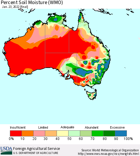 Australia Percent Soil Moisture (WMO) Thematic Map For 1/17/2022 - 1/23/2022