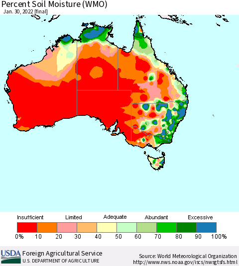 Australia Percent Soil Moisture (WMO) Thematic Map For 1/24/2022 - 1/30/2022