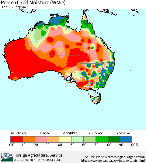 Australia Percent Soil Moisture (WMO) Thematic Map For 1/31/2022 - 2/6/2022