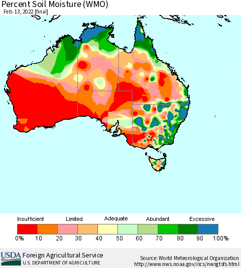 Australia Percent Soil Moisture (WMO) Thematic Map For 2/7/2022 - 2/13/2022