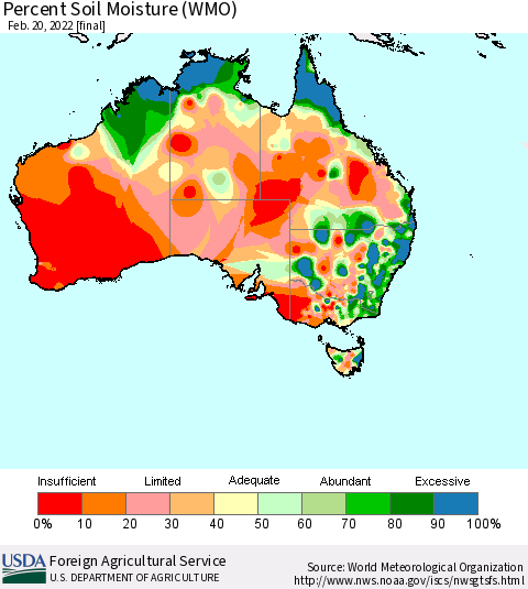 Australia Percent Soil Moisture (WMO) Thematic Map For 2/14/2022 - 2/20/2022