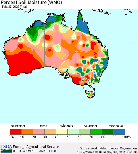 Australia Percent Soil Moisture (WMO) Thematic Map For 2/21/2022 - 2/27/2022
