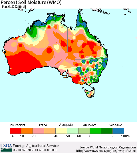 Australia Percent Soil Moisture (WMO) Thematic Map For 2/28/2022 - 3/6/2022