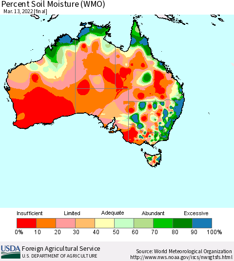 Australia Percent Soil Moisture (WMO) Thematic Map For 3/7/2022 - 3/13/2022