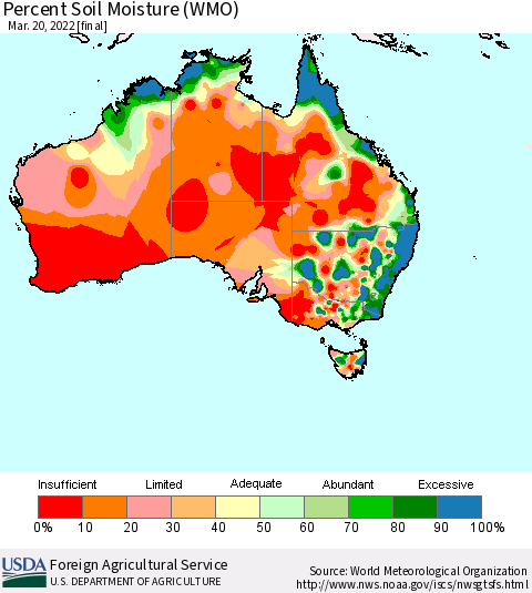 Australia Percent Soil Moisture (WMO) Thematic Map For 3/14/2022 - 3/20/2022