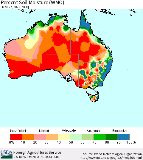 Australia Percent Soil Moisture (WMO) Thematic Map For 3/21/2022 - 3/27/2022