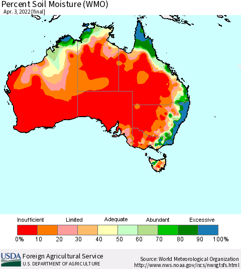 Australia Percent Soil Moisture (WMO) Thematic Map For 3/28/2022 - 4/3/2022