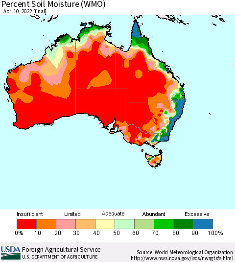 Australia Percent Soil Moisture (WMO) Thematic Map For 4/4/2022 - 4/10/2022
