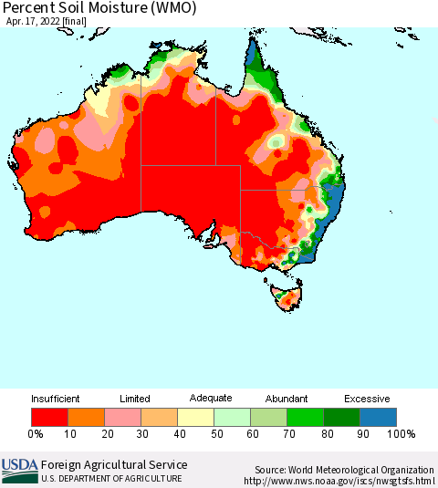 Australia Percent Soil Moisture (WMO) Thematic Map For 4/11/2022 - 4/17/2022
