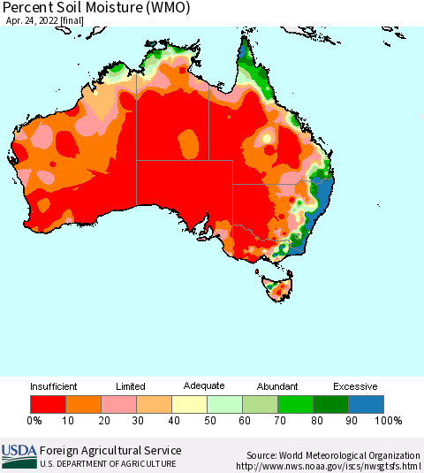 Australia Percent Soil Moisture (WMO) Thematic Map For 4/18/2022 - 4/24/2022
