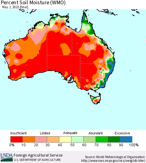 Australia Percent Soil Moisture (WMO) Thematic Map For 4/25/2022 - 5/1/2022