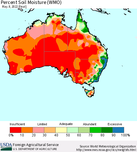 Australia Percent Soil Moisture (WMO) Thematic Map For 5/2/2022 - 5/8/2022