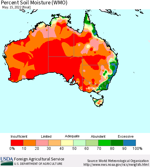 Australia Percent Soil Moisture (WMO) Thematic Map For 5/9/2022 - 5/15/2022
