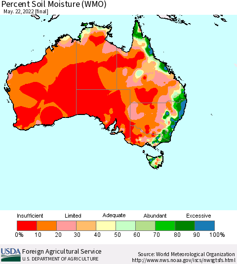 Australia Percent Soil Moisture (WMO) Thematic Map For 5/16/2022 - 5/22/2022