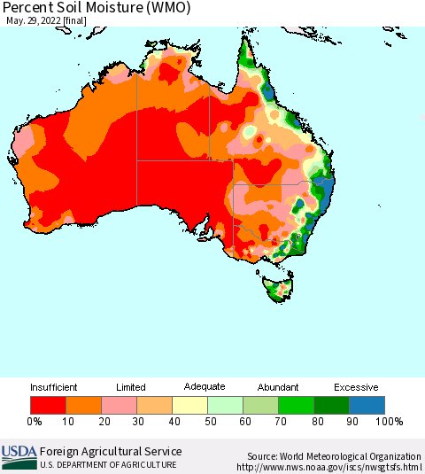Australia Percent Soil Moisture (WMO) Thematic Map For 5/23/2022 - 5/29/2022