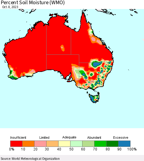 Australia Percent Soil Moisture (WMO) Thematic Map For 10/2/2023 - 10/8/2023
